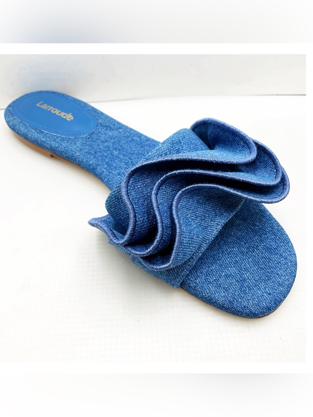 🆕{Larroude} Ivy Denim Ruffle Slide Sandals - Picture 5 of 15
